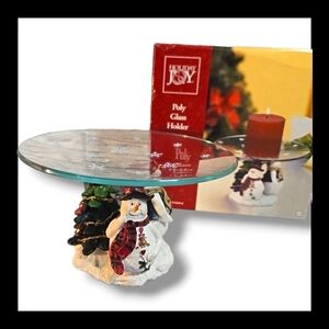 Vtg Snowman Candle Holder Poly Glass Christmas Holiday Joy (CANDLE NOT INCLUDED)